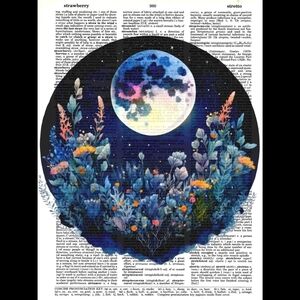 Bright Full Blue Moon Starry Landscape Nature Flower Vintage Art Print